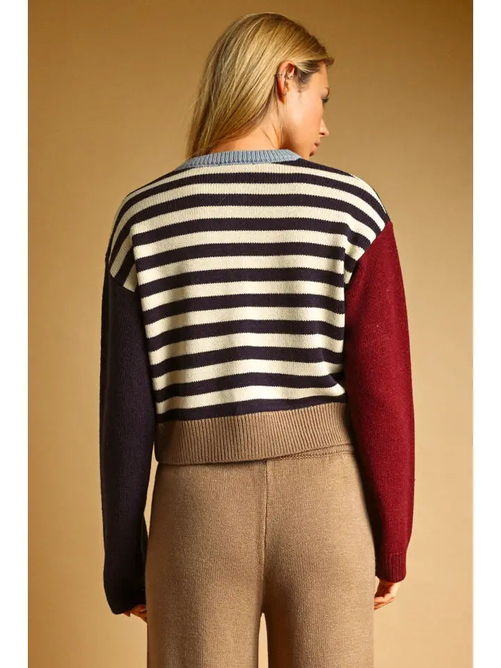 Stripe Mix Pattern Button Front Cardigan - Navy Multi
