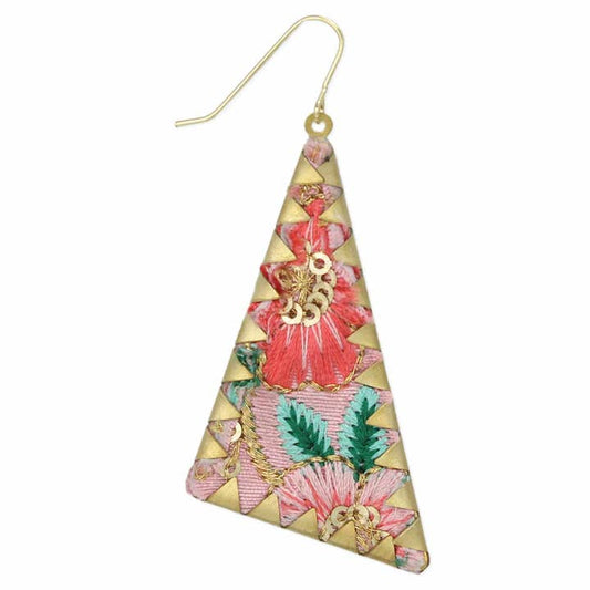 Embroidered Earrings - Pink Triangle Crimped