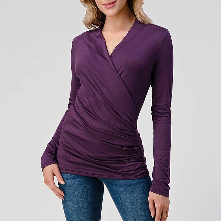 Long Sleeve Wrap Style Top - Eggplant