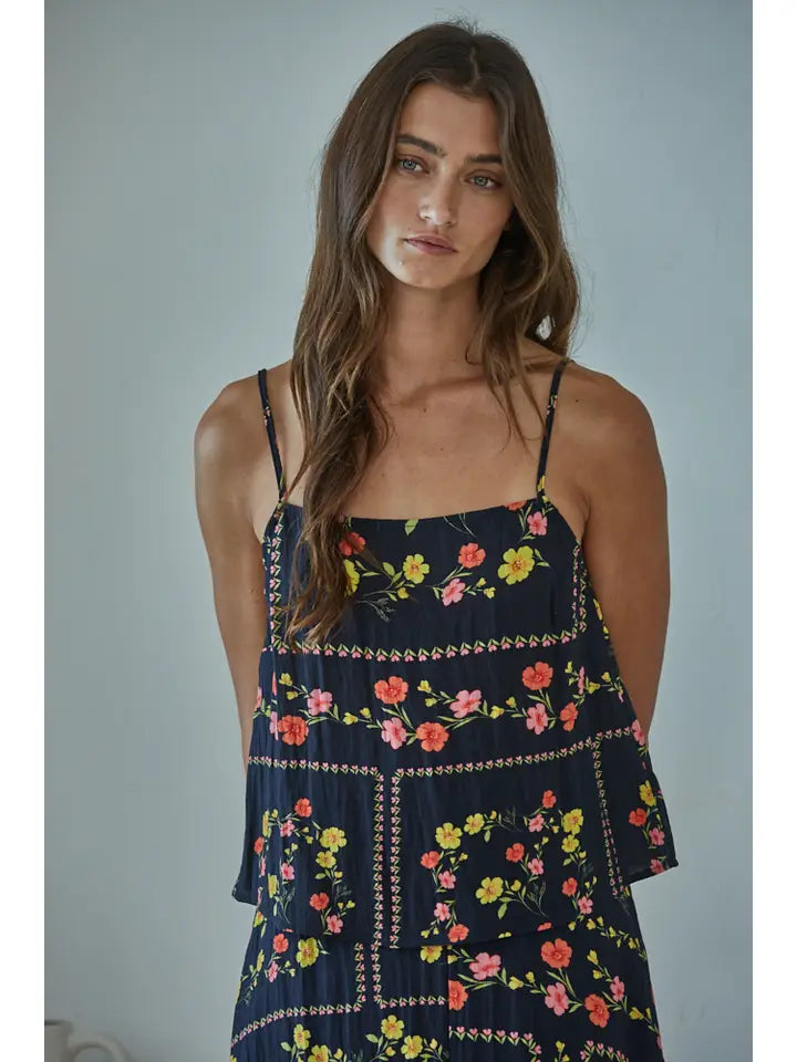 Floral Spaghetti Strap Top - Black Multi