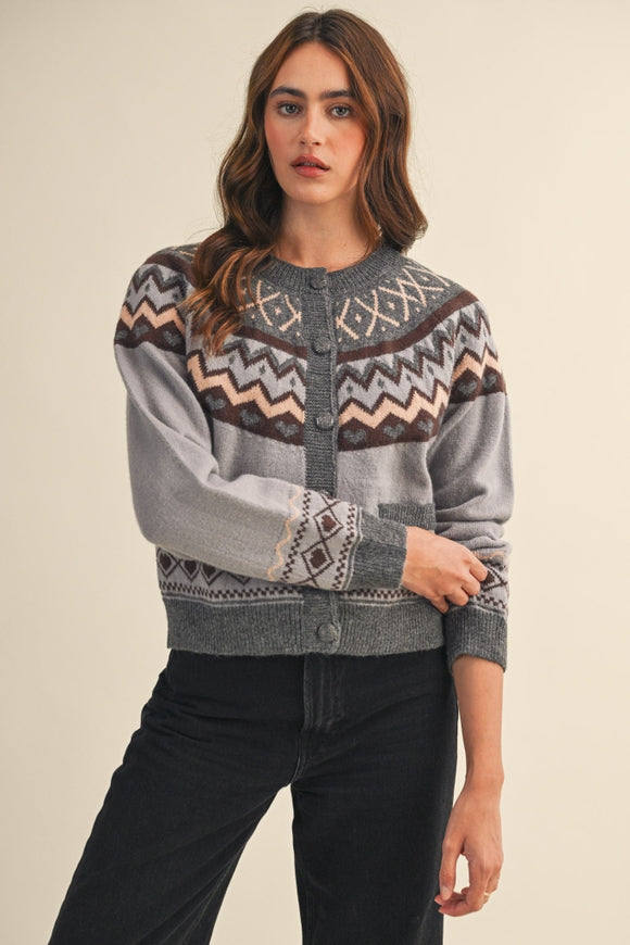 Fair Isle Heart Cardigan - Grey Brown