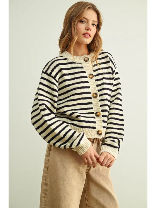 Striped Knitted Cardigan - Black/White