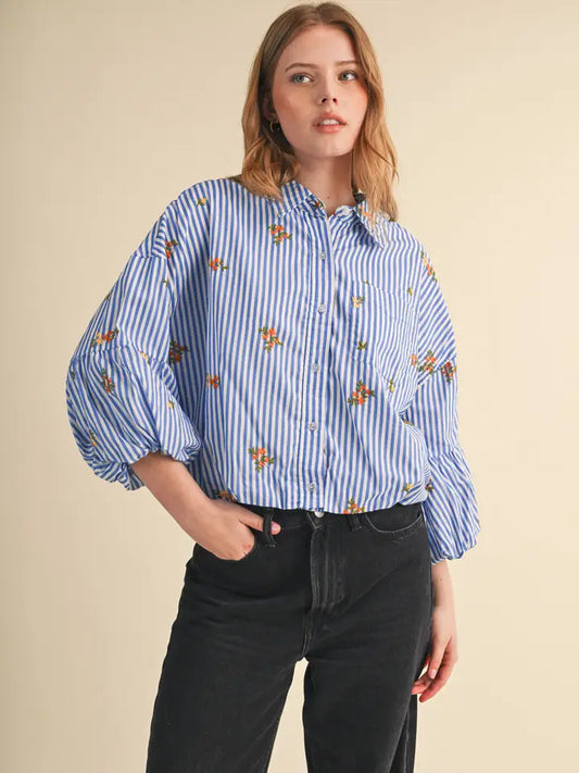 Embroidered Bubble Sleeve Button Down - Blue Stripe Floral