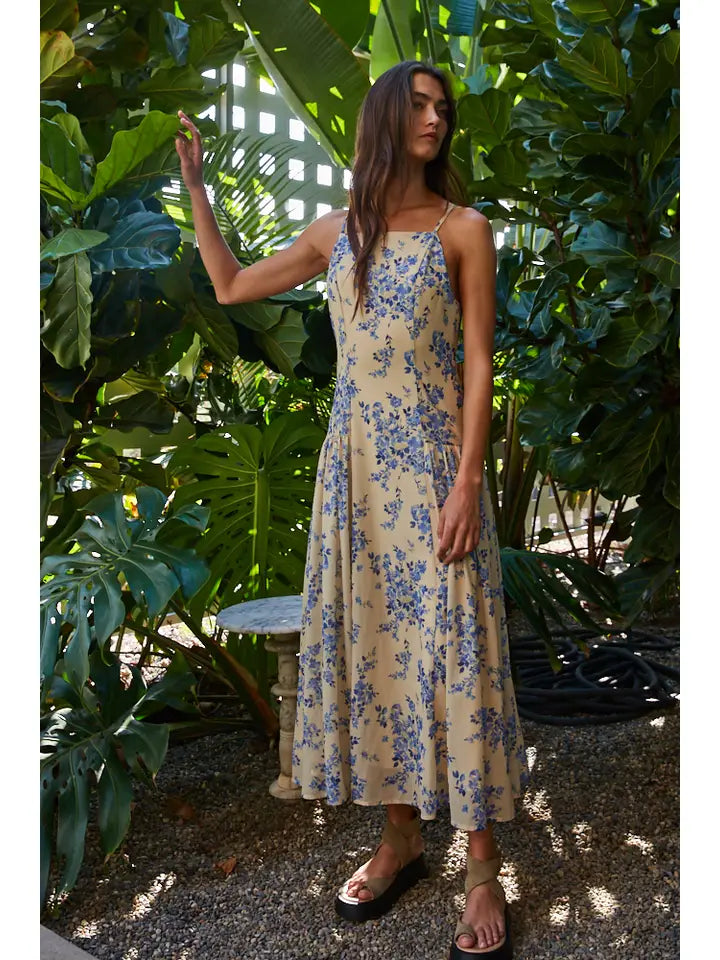 Floral Drop Waist Midi Dress - Lemon Blue
