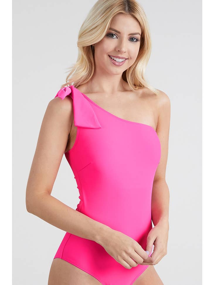 One-Off Shoulder Tie Swimsuit - Pink