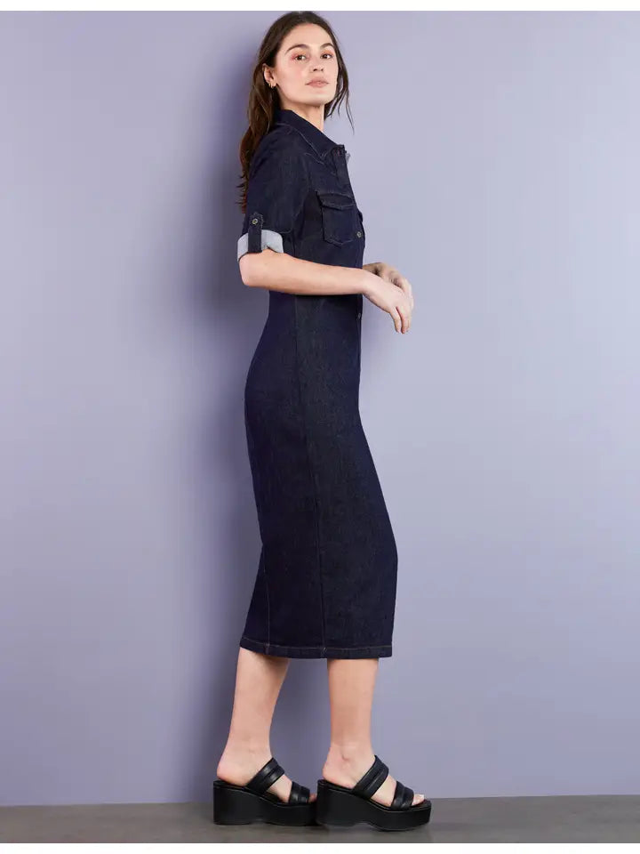 Denim Midi Shirtdress - Dark Indigo