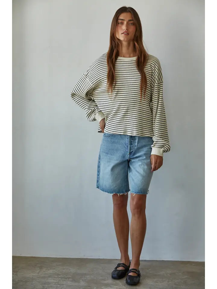 Ribbed Crew Neck Top - Cream/Black