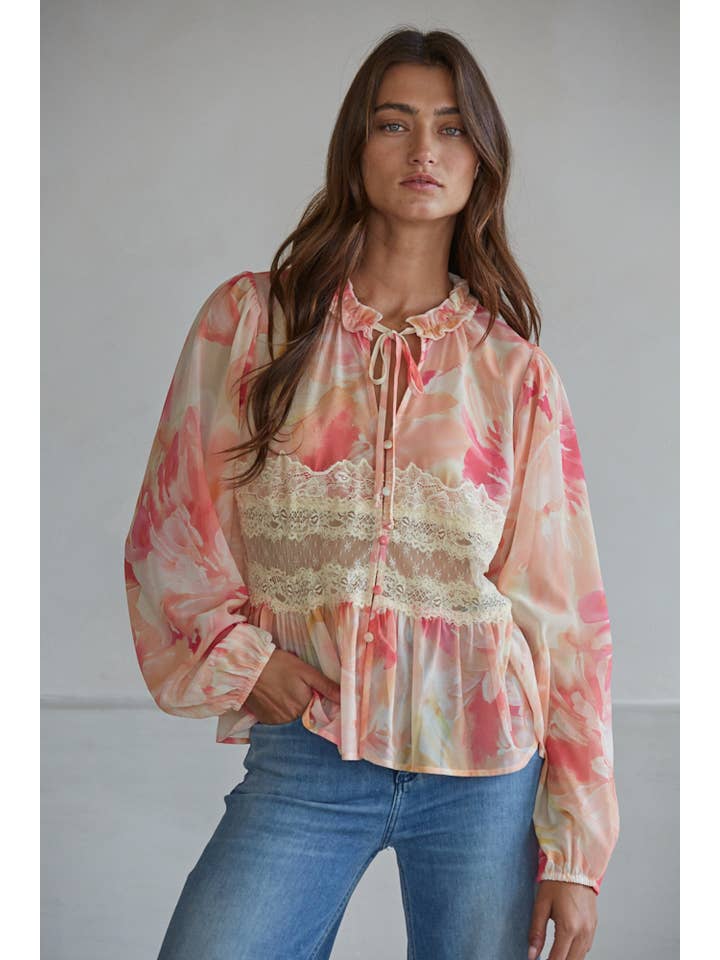 Lace Detail Blouse - Coral Multi