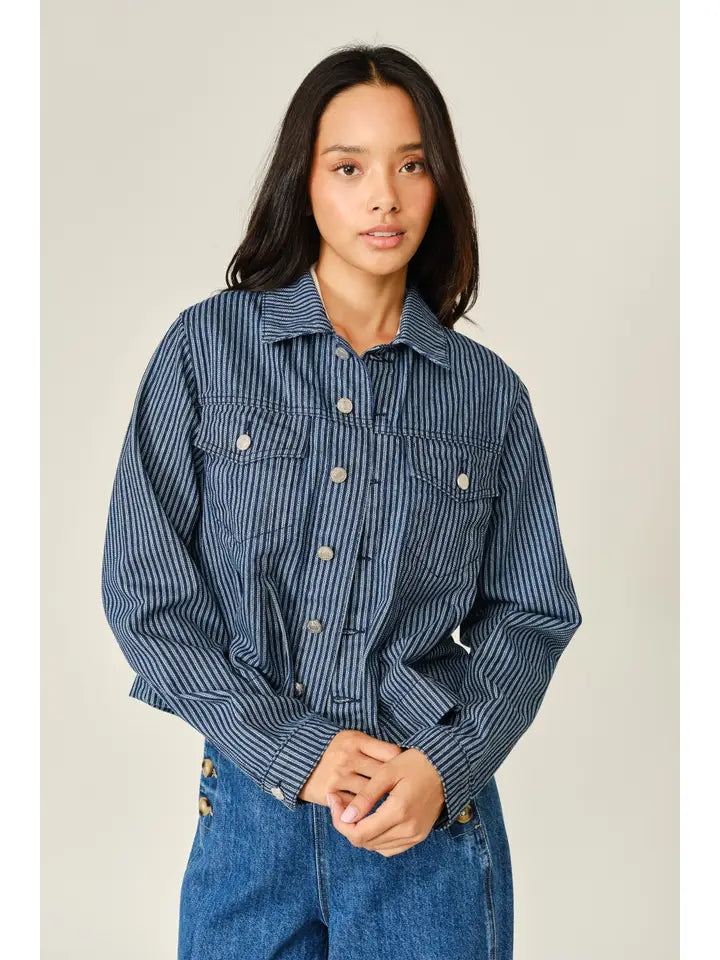 Striped Texture Denim Pleated Jacket - Denim