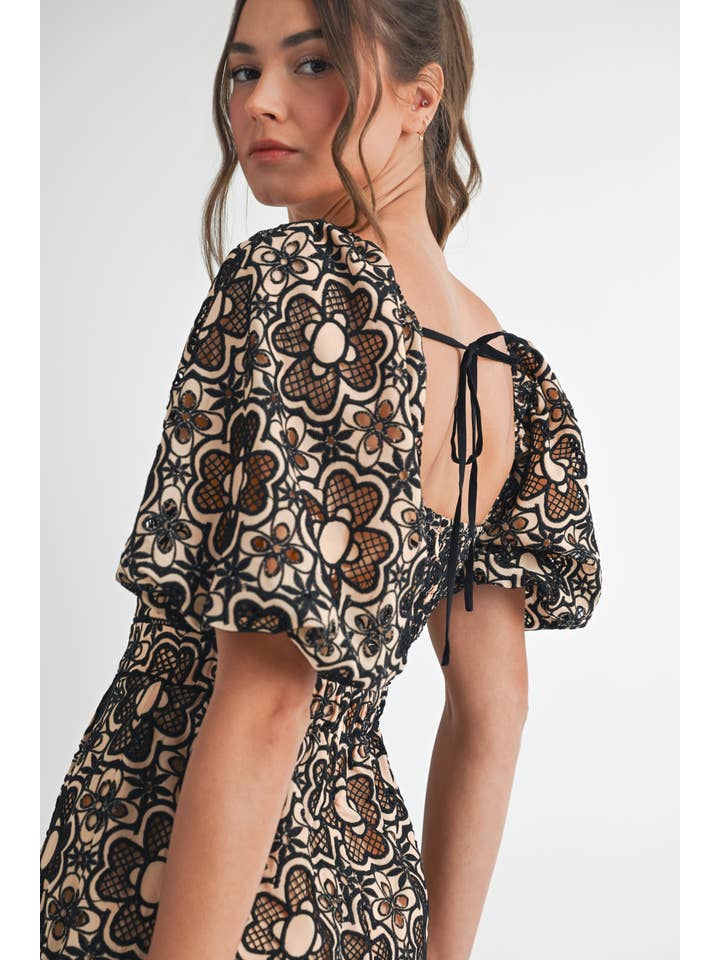 Crochet Puff Sleeve Romper - Taupe/Black