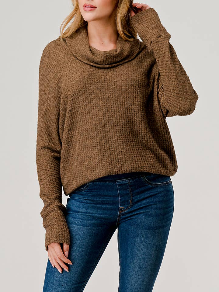 Brushed Knit Turtleneck Tunic Top - Coffee