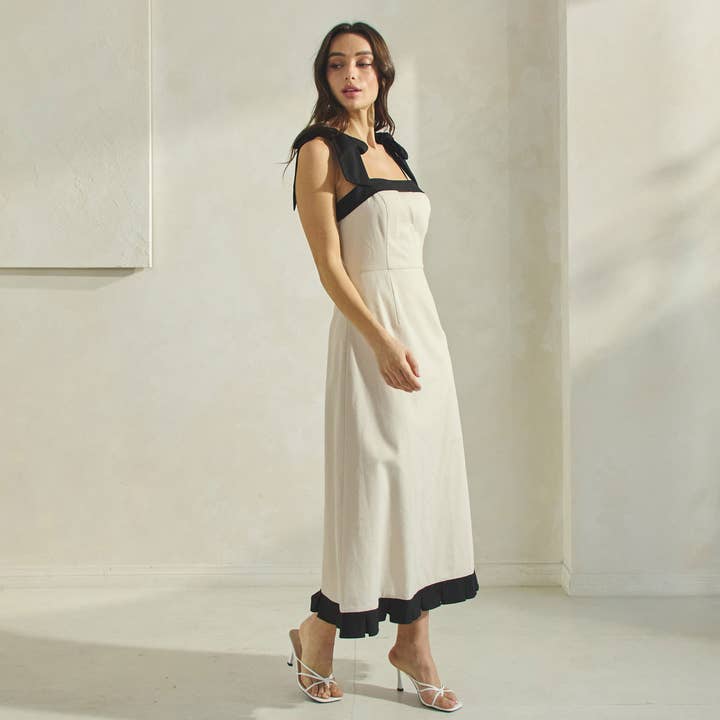 Contrast Pleated Midi Dress - Natural/Black