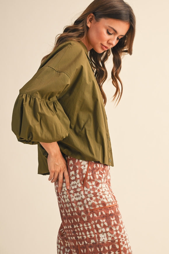 Bubble Sleeve Button Down - Ash Olive