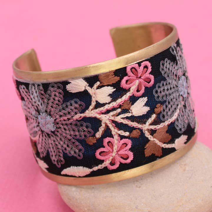 Embroidered Cuff - Black & Pink