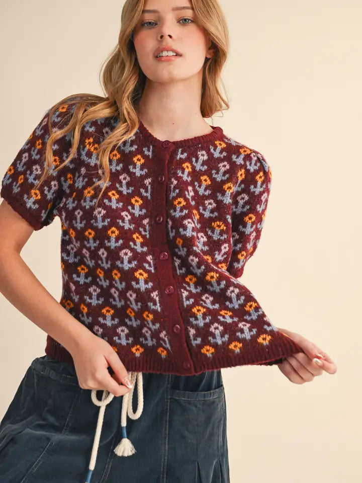 Floral Short Sleeve Sweater - Deep Maroon