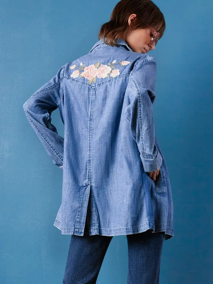 Embroidered Denim Blazer - Rose
