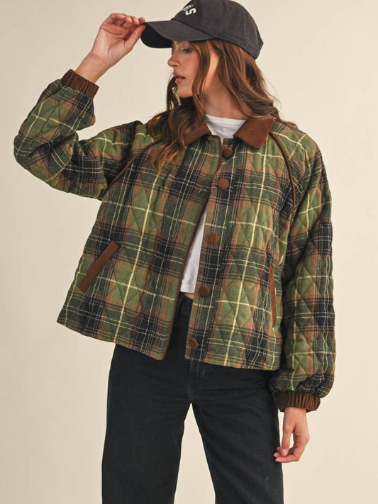 Plaid Quilted Jacket - Olive Multi