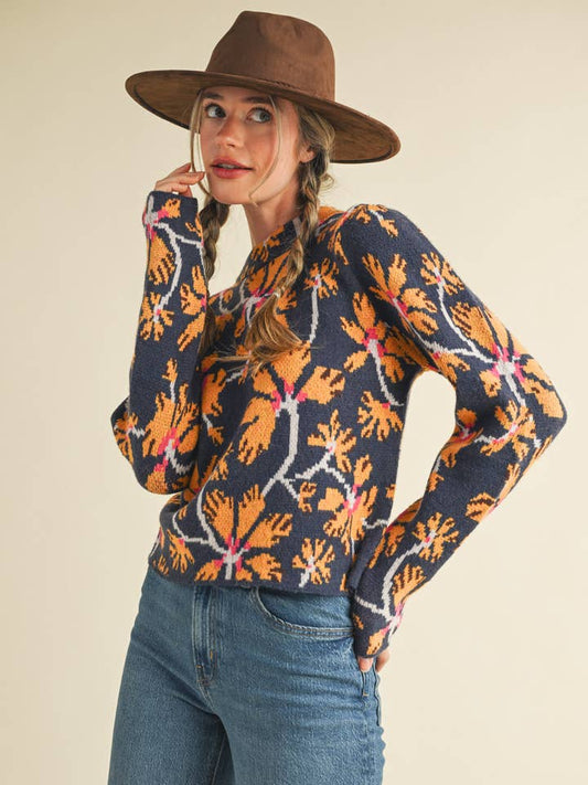 Floral Mock Neck Sweater - Navy Multi