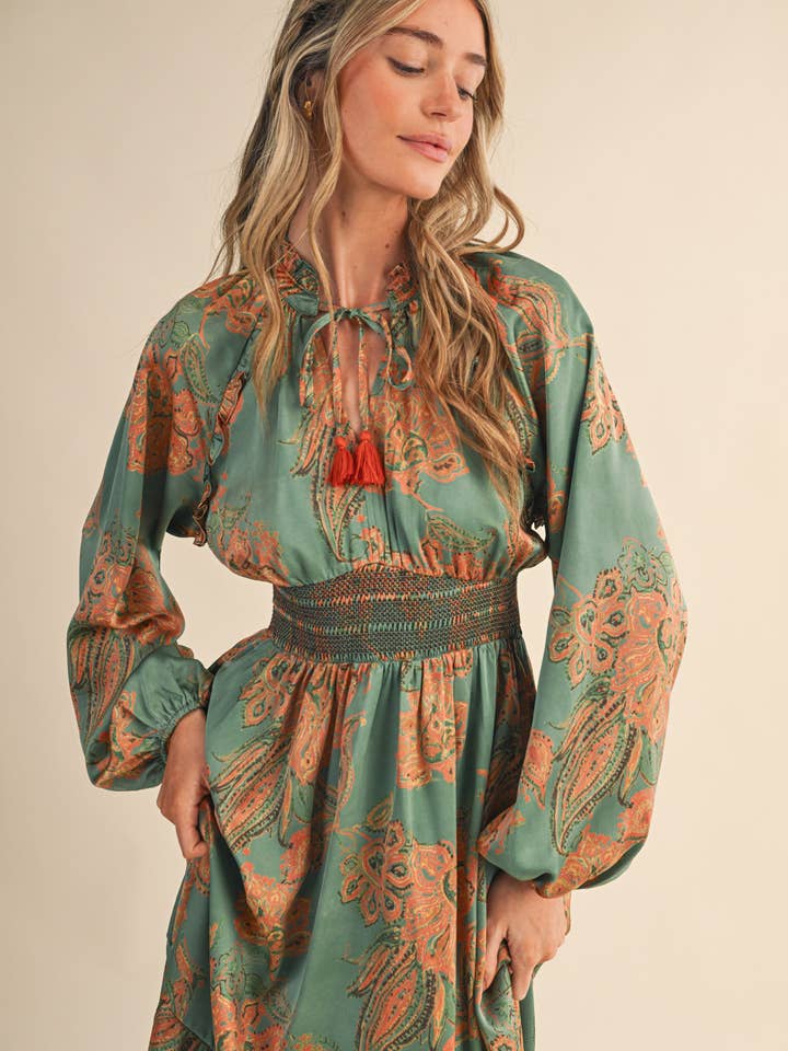 Paisley Smocked Midi Dress - Emerald Multi
