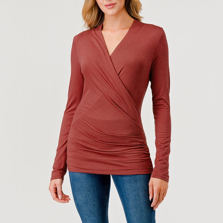 Long Sleeve Wrap Style Top - Barn Red