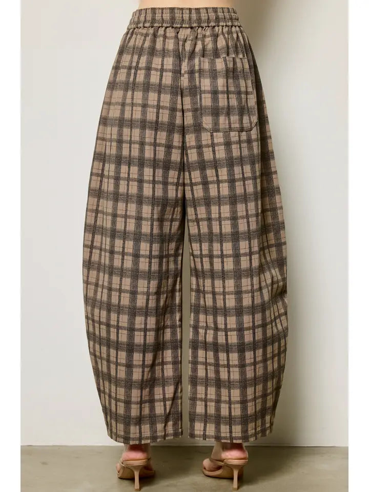 Plaid Barrel Leg Pants - Khaki