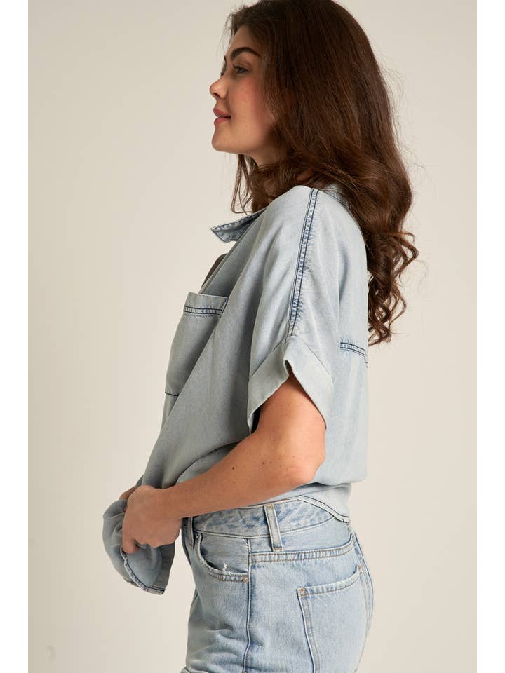 Short Sleeve Denim Button Down - Light Wash