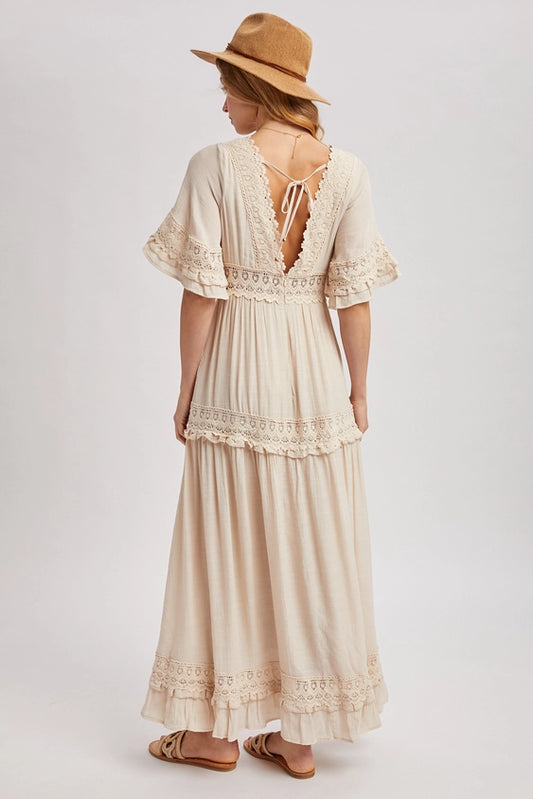 V-Neck Lace Trim Maxi Dress - Shell