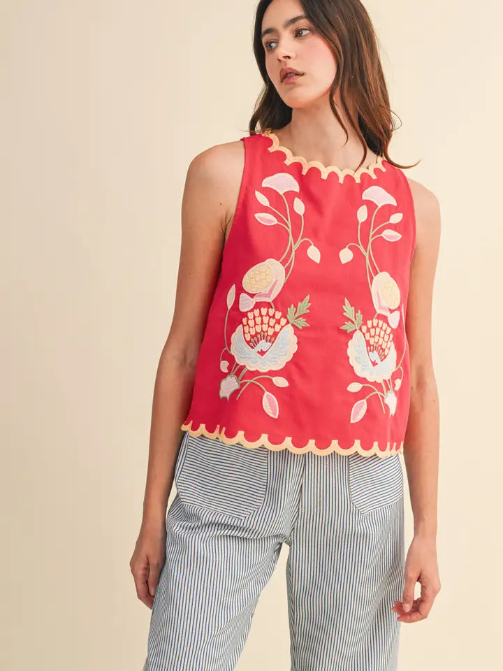 Floral Embroidery Scalloped Tank - Coral Red