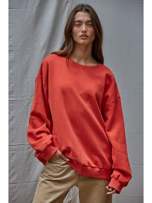 Pullover Top with Patch Work - Dusty Red