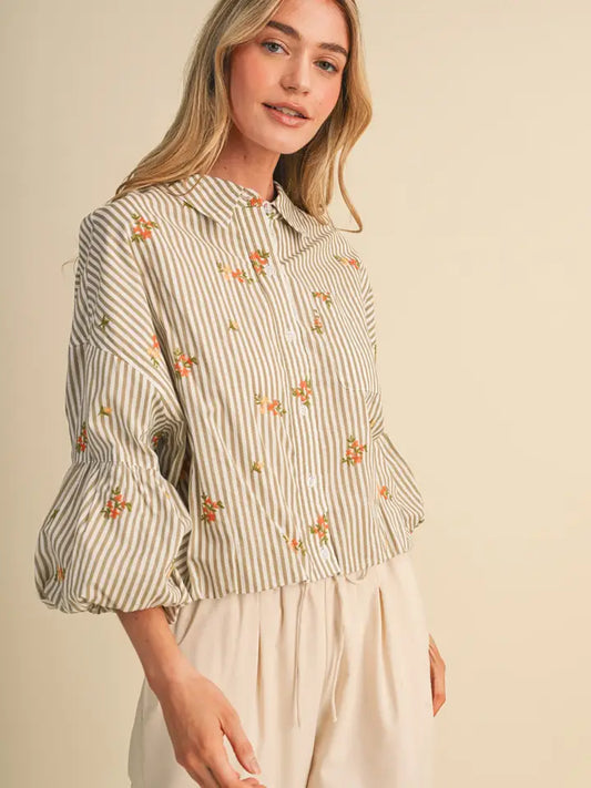 Embroidered Bubble Sleeve Button Down - Sand Stripe Floral