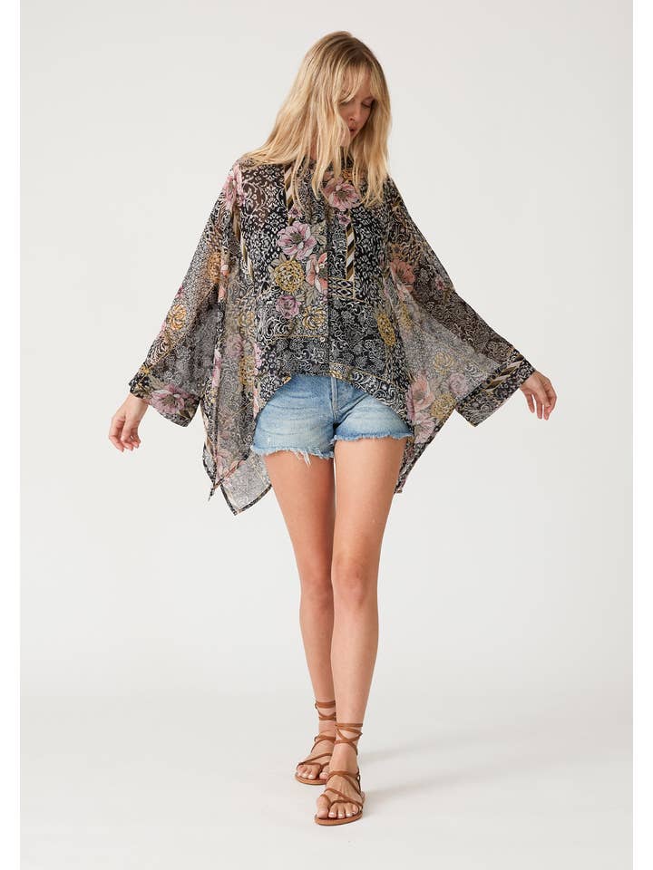 Asymmetrical Floral Blouse - Black/Dusty Peach