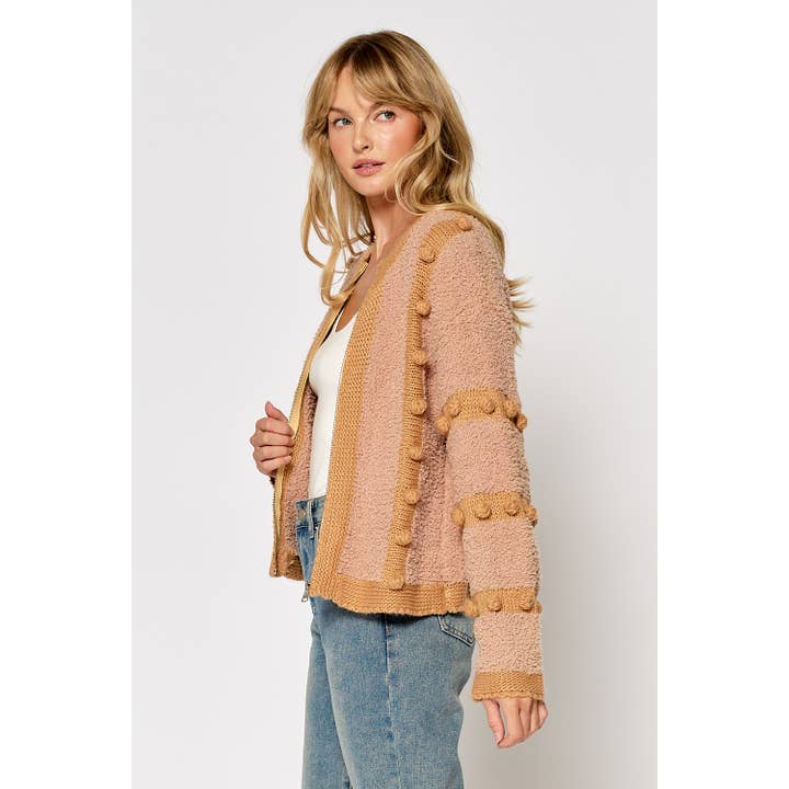 Pom Pom Zip Cardigan - Taupe