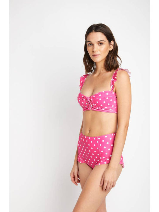 High Waisted Balconette Swimsuit - Magenta White Dot