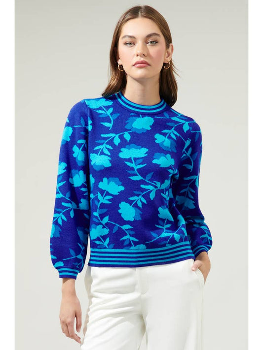 Camellia Cosmo Mock Neck Sweater - Blue Floral