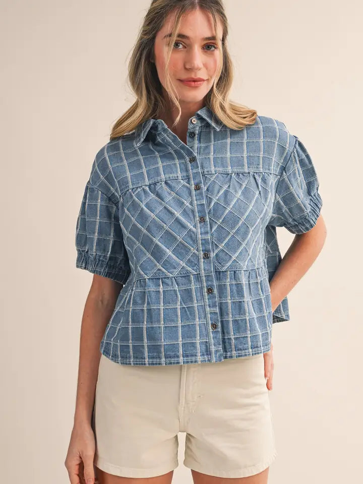 Checkered Denim Top - Light Blue