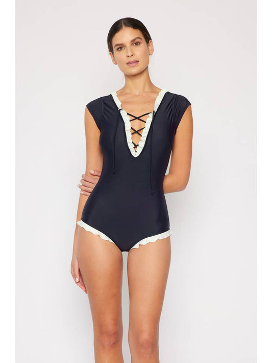 V Neck String Ruffle Swimsuit - Black