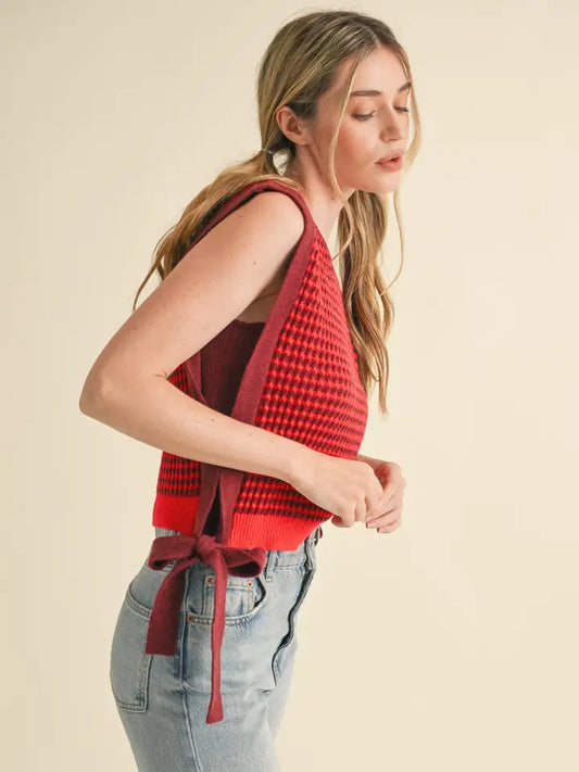 Striped Side Tie Sweater Vest - Burgundy Red