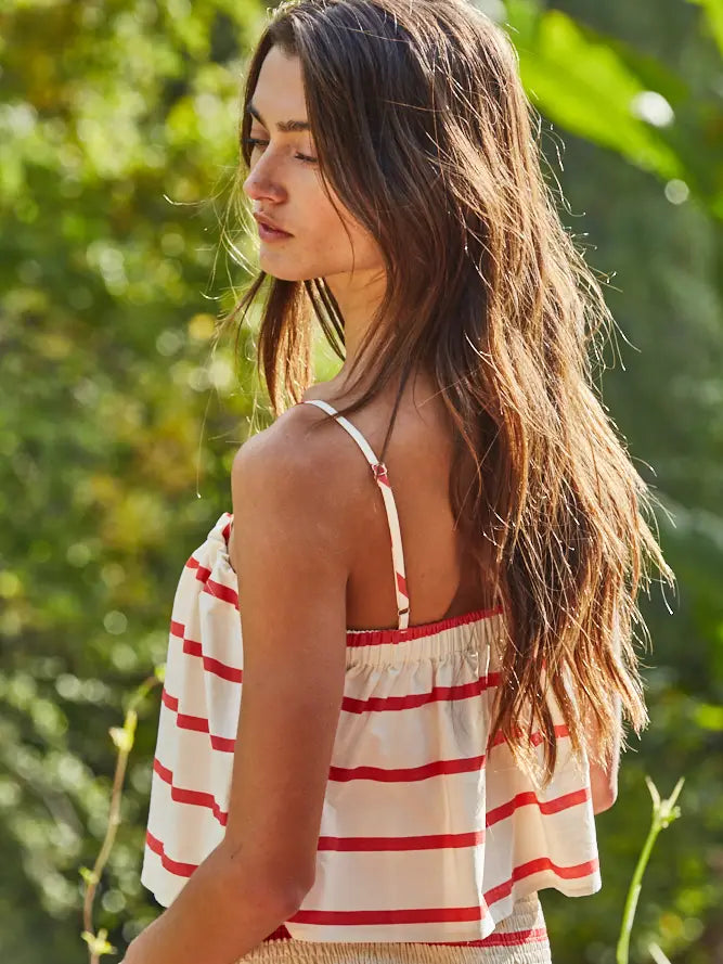 Striped Sleeveless Crop Top - Cream/Red