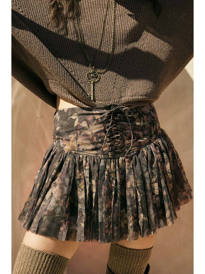 Floral Drop-Waist Mini Skirt - Chocolate