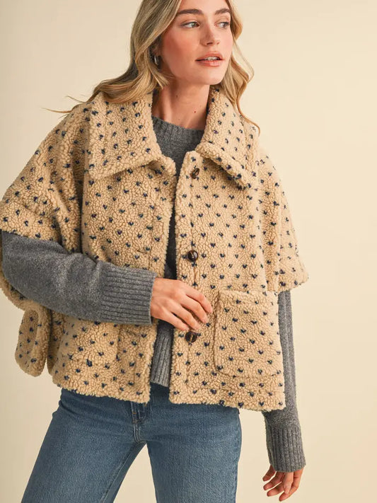 Polka Dot Faux Sherpa Cape - Taupe Navy Heart