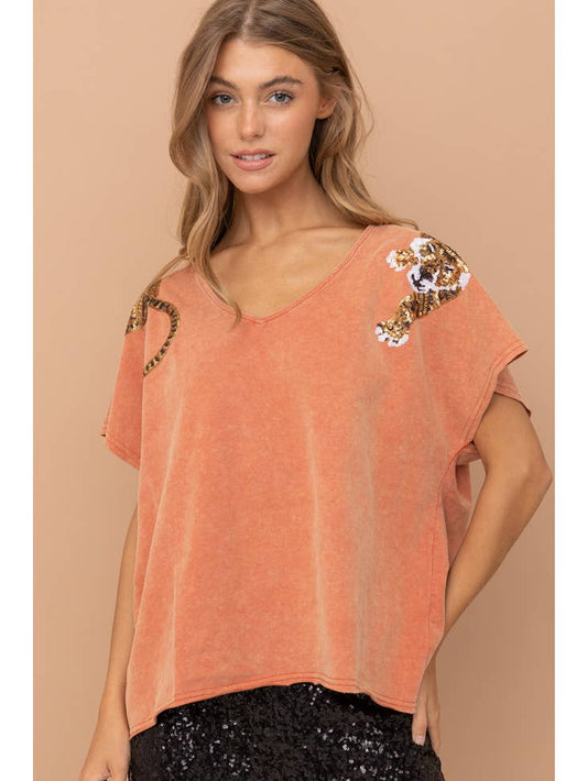 Tiger Sequin Patch T Shirt - Rust