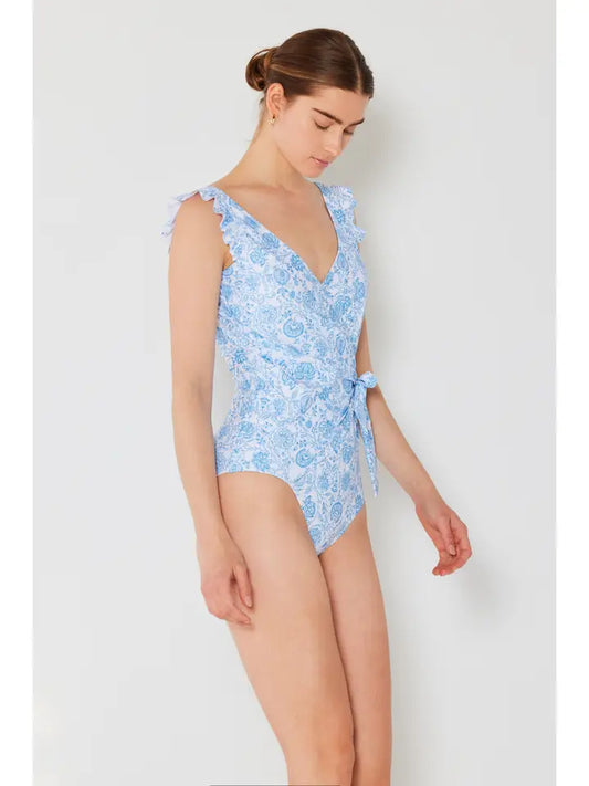 Ruffle Wrap Tie Swimsuit - Thistle Blue