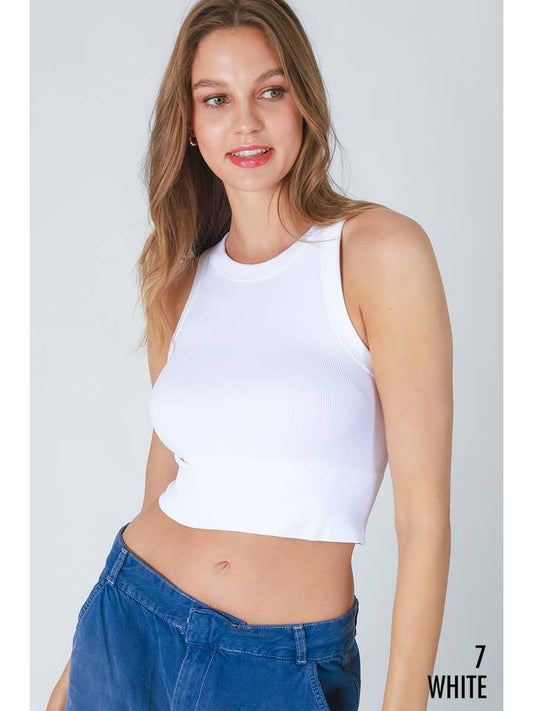 Ribbed Highneck Crop Top - White