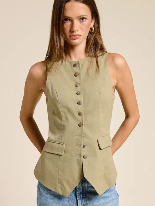Long-Line Buttoned Vest - Khaki