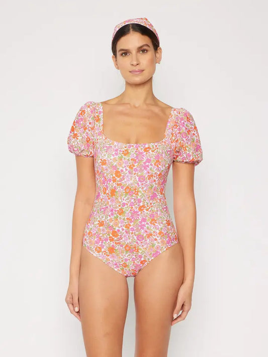 Puff Sleeve Swimsuit - Small Flowers Pink