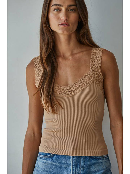 Fallen For Lace Tank - Almond