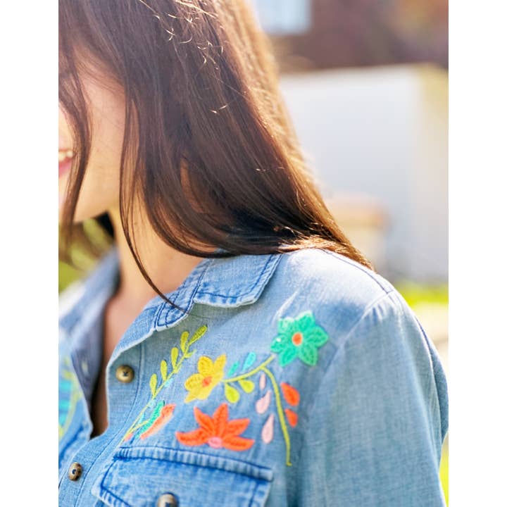 Flower Field Embroidered Shirt - Vintage Blue