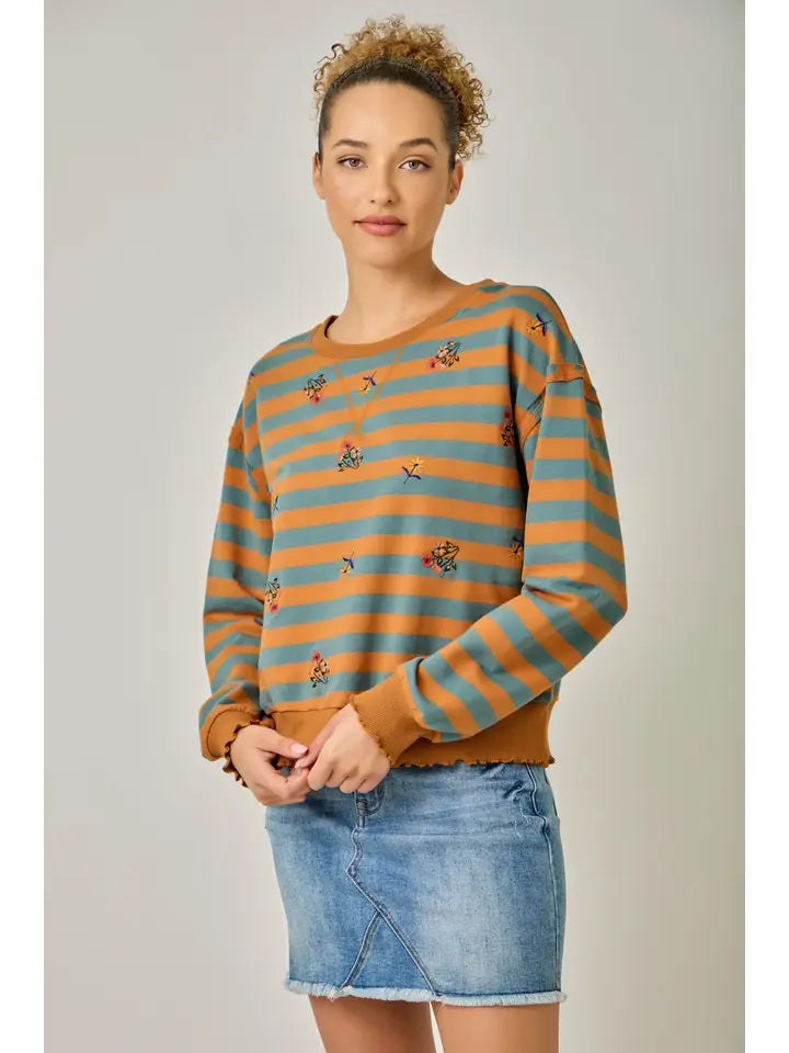 Embroidered Stripe Sweatshirt - Pumpkin/Teal