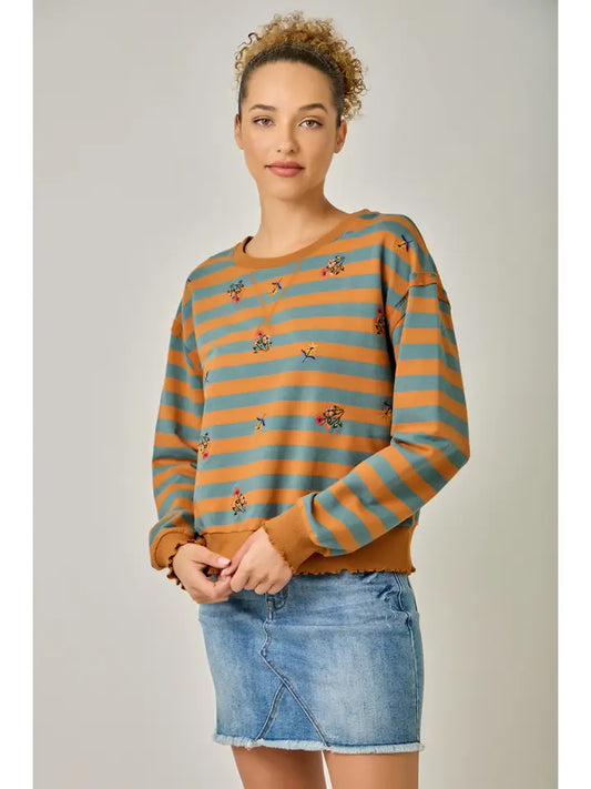 Embroidered Stripe Sweatshirt - Pumpkin/Teal