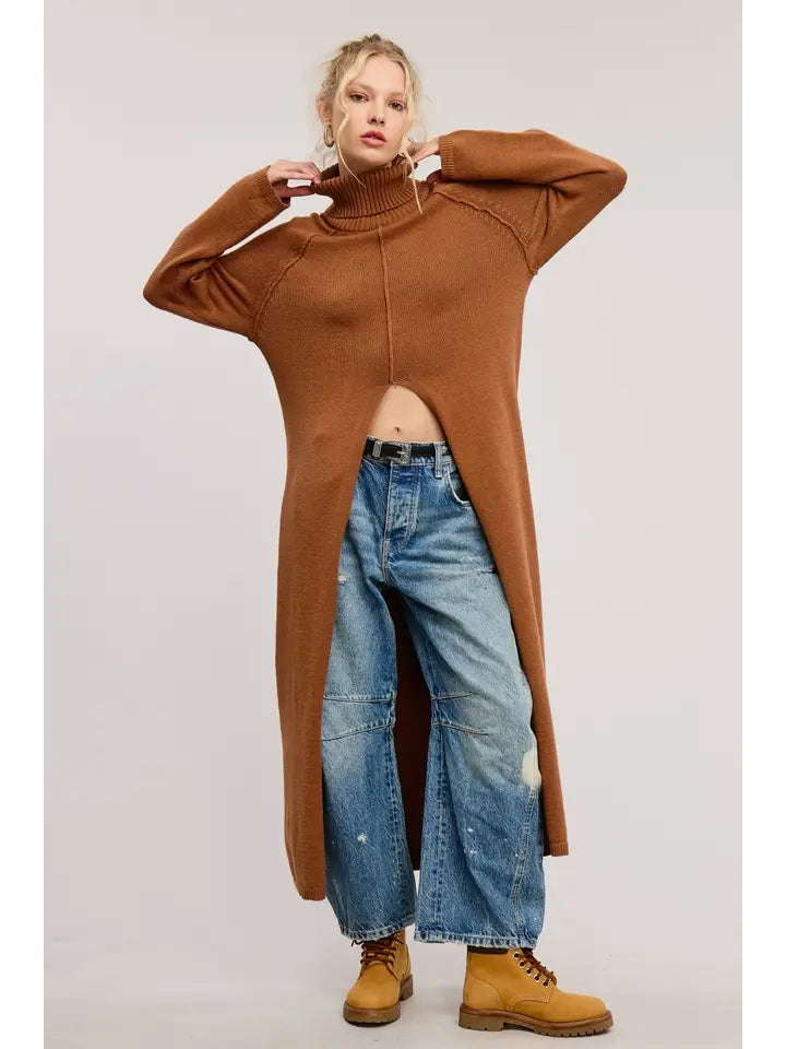 Ribbed Turtleneck Sweater Slit Dress - Camel